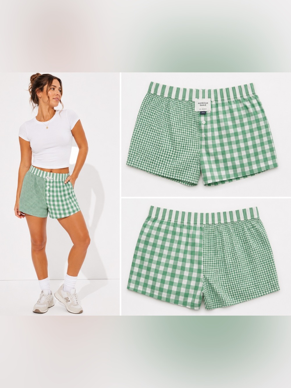 NWT American Eagle AE Gingham Boxer Shorts Green White Pockets L - Picture 2 of 7